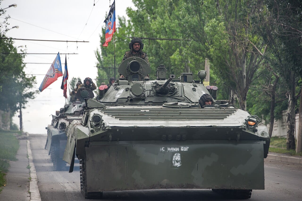 A Russia backed rebel armored fighting vehicles convoy near Donetsk, Eastern Ukraine, May 30, 2015
